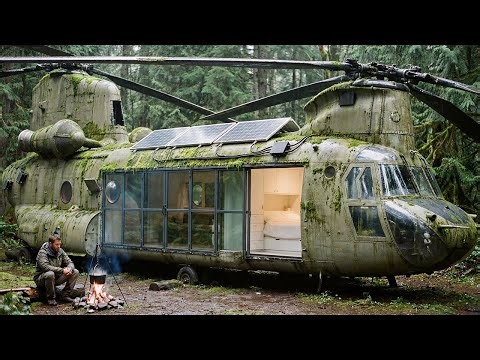 Building a House Inside an Abandoned CH-47 Chinook Helicopter in the Forest (Full ASMR Process)