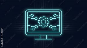 Pc monitor neon animation. Integrated circuits animated icon glow effect.Moving signals, rolling gear. Pcb engineering. Dynamic overlay on white background. HD video with alpha channel. Motion graphic