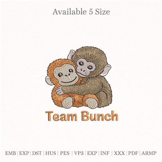 Team Bunch Monkey Embroidery Design, Cute Monkey Hug Embroidery File, Baby Monkey Machine Embroidery Pattern - Etsy