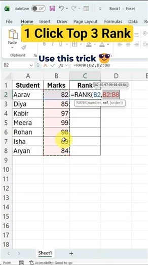 Top 3 Rank in Excel 🔥 1 Click Trick