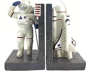 Bellaa Astronaut Bookends Decorative Set of 2 - Space Rocket Ship Book Ends Holders for Shelves - Modern Office Desk Kids Room Decor - White Resin 7 Inch 24650