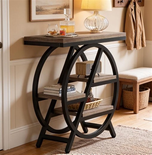Modern Round Console Table With Storage, 3-tier Narrow Side Table, Rustic Wood & Metal Frame, Entryway Hall Table, Small Space Furniture - Etsy