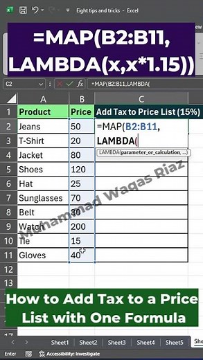 Excel MAP Trick – Add Tax to a Price List with One Formula #shorts