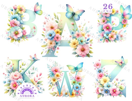 Watercolor Floral Alphabet Clipart, Pastel Flowers Letters and Initials, Spring Butterfly Monogram, Digital Download - Etsy