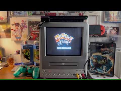 Ratchet & Clank Going Commando PRESS START screen | 2000s gaming vibes CRT TV + PS2