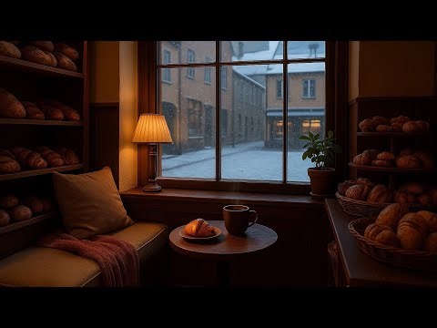 Cozy Winter Bakery Ambience – Slow Jazz, Snowfall & Warm Candlelight