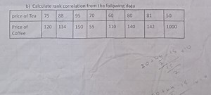 b) Calculate rank correlation from the following data\begin{ta... | Filo