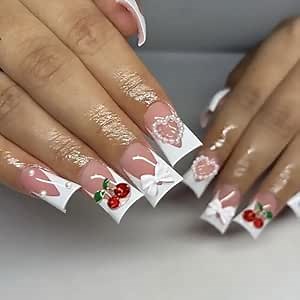Tyuimhx 24Pcs Duck Nails Press on White Wide French Tip Fake Nails With Pearls 3D Cherry White Bow Designs Full Cover Duck Feet Nail Tip Acrylic Duck False Nails Stick on Nails for Women Girls