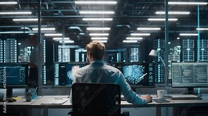 High-Tech Data Center Server Control: IT Specialist Administrator Working on Computer, Screen Showing Advancing Big Data AI Analysis. Web Services, Cloud Computing, Analytics Facility, Cyber Security