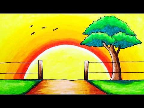 How to Draw Easy Scenery of Sunset in the Hills | Super Simple Nature Scenery Drawing Step by Step