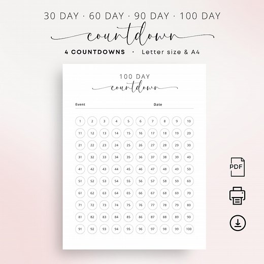 30, 60, 90, 100 Day Countdown Tracker Printable to Wedding Anniversary Vacation Holiday New Year Retirement Countdown A4 Letter Size Elegant - Etsy