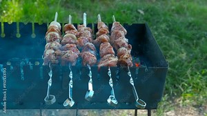 Metal skewer with meat on the grill in meadow. A view of summer meadow with metal box with cooked meat during picnic time.