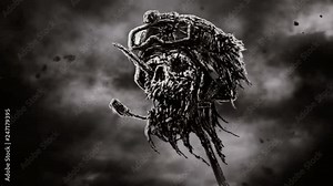 Dead soldier head in helmet on metal pin. Zombie war is over. Dark sky background. 2D animation in horror genre. Creepy Halloween backdrop. Scary animated short film. Black and white. Cinema graphics.