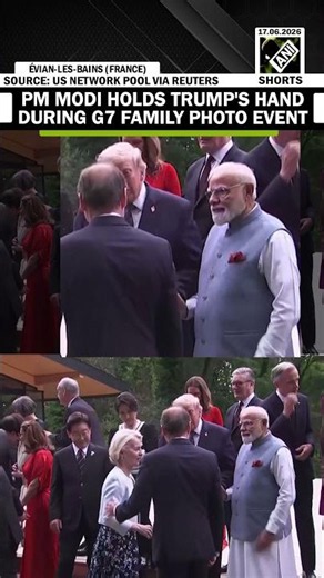 PM Modi holds hand of President Trump during traditional family photo session at G7 Summit