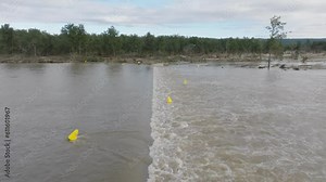 Drone aerial footage of severe flooding of the Penrith Weir and flood plain in the Nepean River in Penrith in New South Wales in Australia
