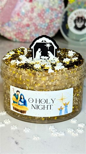 “O Holy Night” is a coated clear bingsu micro floam slime with a stunning gold aesthetic. It’s filled with gold moons and stars glitter and topped with shimmering gold foil, making it truly one of the prettiest slimes I’ve ever created. It’s scented Egyptian Oakmoss, a very light, beautiful fragrance that adds a soft, peaceful touch. This slime is crispy, poppy, and wonderfully textured, giving you all the satisfying sounds and stretches you want in a crunchy slime. It also inflates extremely we