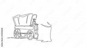 Self drawing animation of single line draw western stagecoach with horses. Wild west covered wagons and cowboy in desert landscape. Western with old wagon. Continuous line draw. Full length animated Stock Video