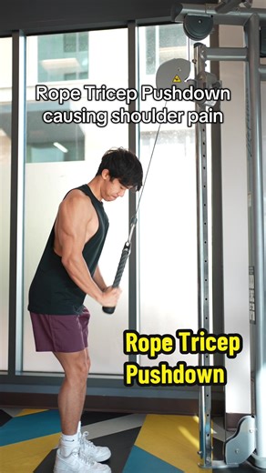 If you're getting shoulder pain on rope tricep push downs, it likely has to do with you doing the push down with an internally rotated shoulder. Now chances if you're using a rope, the rope will be too short for you to fully get to a neutral shoulder position, which is why if you have a set of dual cables, I opt to do a cross-body triceps tension with both cables in hand. This way you train the movement isolaterally and you won't be restricted from getting to that neutral shoulder #fyp #fitness 