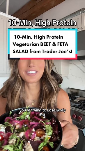 TRADER JOE’S VEGETARIAN BEET & FETA SALAD!! This light and bright beet salad is a great vegetarian recipe that still packs the protein! There are a ton of variations you can use but i went with this to keep the calories low! Recipe makes an entire serving! 230 calories | 15g protein | 33g carbs | 5g fat Ingredients: 1 pack of #traderjoes steamed baby beets 2 oz TRader Joes fat free feta A handful of halves cherry tomatoes 1 package of Trader Joe’s marinated architoke hearts 1T pickles onions- op