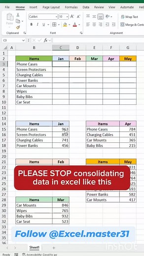 How to use Consolidate function in Excel😘 Learn Amazing Excel trick. Follow @excel.master31 for daily Interesting exceltips #excel #advancedexcel #exceltips #onlineexcel #exceltricks #learning #exceltricks #excelexpert #exceltraining | Excel.master31