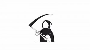 Hooded monster death floating with scythe bw 2D character animation. Halloween demon in robe outline cartoon 4K video, alpha channel. Death angel sickle animated personage isolated on white background