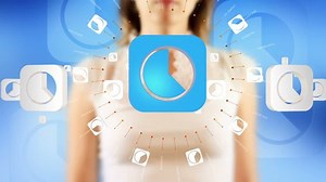 Young female pressing the screen then pie chart symbol appearing. Futuristic touch screen concept.