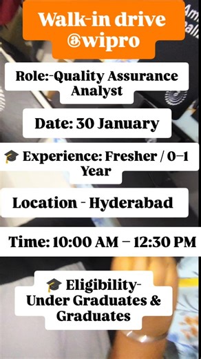 Tridipa on Instagram: "Hi 👋 Thanks for your interest! 📌 Job Role: Quality Assurance Analyst – Blended Process 🎓 Experience: Fresher / 0–1 Year 🏷 Band: AA 📍 Work Location: Hyderabad . . #WiproHiring #FreshersJobs #WalkInInterview #HyderabadJobs #JobAlertIndia"