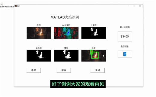 MATLAB火焰识别系统。带界面，可识别火焰，烟雾，带预警检测[GUI界面]