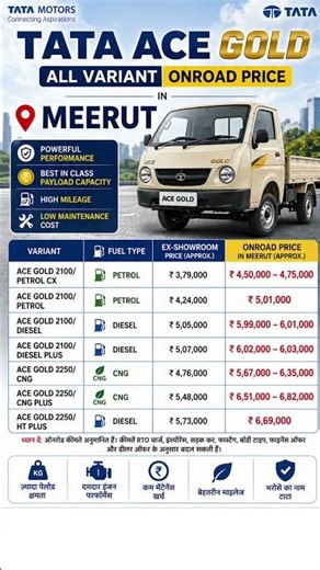 Tata Ace Gold All Variant Onroad Price in Meerut | Petrol Diesel CNG Price List 2026 #shorts