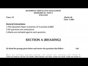 PT-1 Paper / Class-6 ENGLISH /For Kendriya Vidyalaya Students/ KVS Periodic Test Exam Question Paper