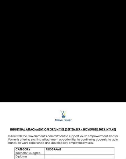 Only 1 Day to Go , Kenya Power Industrial Attachment #kenya #kplc #jobopportunity #jobsinkenya #jobopportunities #newjobs #kenyajobs #kenyapower Kenya Power is offering industrial attachment opportunities to continuing students pursuing a degree, diploma, or craft certificate in electrical & electronics engineering (power option), mechanical/automotive engineering, building & civil, and plumbing. The program is designed to provide hands-on work experience and develop key employability skills. Th