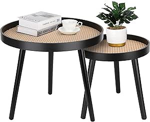 Rattan Round Side Table, Black Small End Table, Accent Table, Modern Boho Bedside Table, Mid-Century Patio Side Table, End Tables for Living Room Bedroom Office Balcony