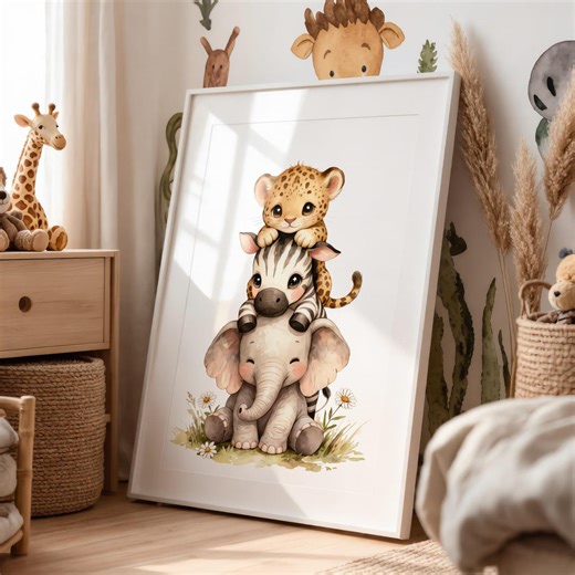 Leopard Zebra Elephant Nursery Art Print | Stacked Baby Safari Animals | Leopard Wall Art Framed Zebra Elephant Baby Room Download - Etsy