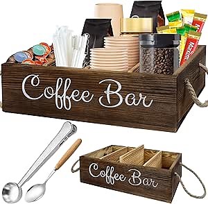 INFTYLE Coffee Station Organizer - Wooden Coffee Bar Organizer with 3 Removable Dividers,Coffee Pod Holder Storage Basket with Coffe Spoon, Coffee Station Holder for Coffee Bar Decor, Coffee Lover