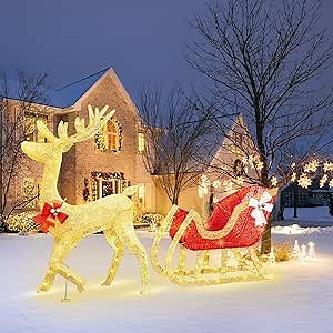Hooseng 4 FT Christmas Lighted Reindeer & Sleigh, Pre-Lit Christmas Outdoor Yard Decoration w/205 LED Lights, Warm White Light Up Glittered Standing Ornaments for Garden Patio Lawn Front Door Display