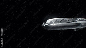 Journey to Earth, sci-fi Spaceship approaching to planet, engines pulsate, 3d animation. Texture of Earth was created in the graphic editor without photos. The pattern of city lights furnished by NASA