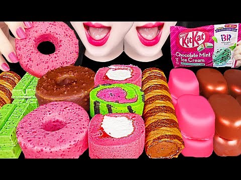 ASMR Pink Chocolate Ice Cream, Roll Cake 초콜릿 아이스크림 케이크 먹방 Mukbang, Eating