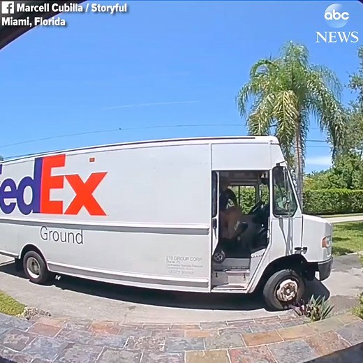 Surveillance footage captures delivery driver throwing boxes from his van into a driveway, attempting to get the parcels to their intended recipient without ever leaving his vehicle. https://abcn.ws/2PxEPo4 | ABC News