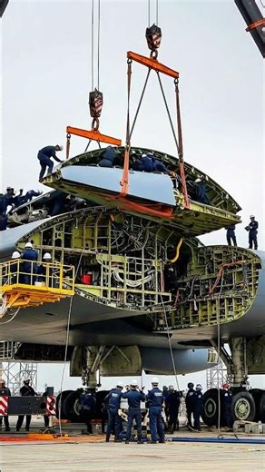 Engineers Guide a Massive Jet Section Into Position