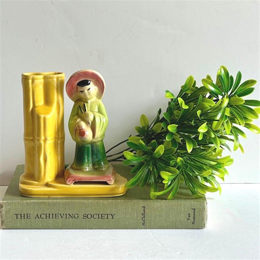 Vintage Shawnee Pottery Planter: USA #702, Asian Figurine With Yellow Bamboo Vase - Etsy