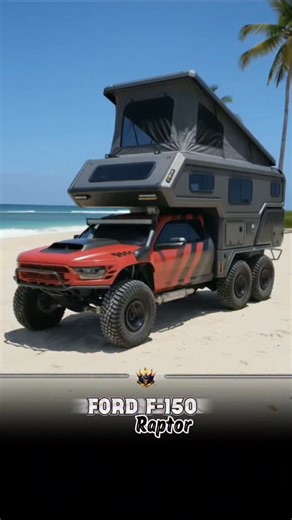 King's Campers on Instagram: "Ford | F-150 Raptor 6×6 | “Shorebreaker” – AI digital design Extreme Raptor reworked into a full 6×6 beach-ready expedition rig, riding on oversized mud-terrains with widened axles, reinforced suspension and aggressive stance. Carbon-look snorkel intake, steel front bumper with winch, integrated recovery points and side steps. Massive composite camper module with pop-top sleeping loft, panoramic windows, rear ladder, spare carrier, exterior utility storage and pull-