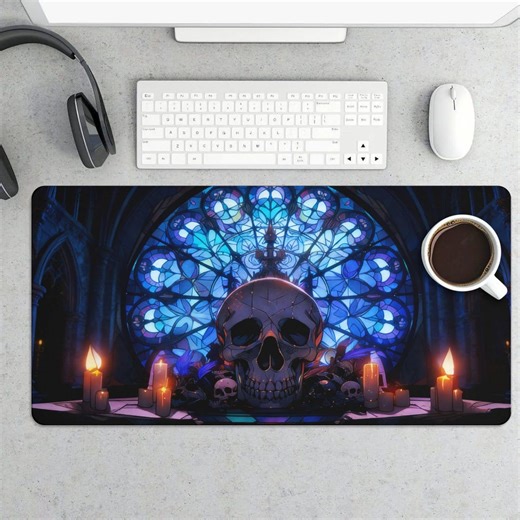 Gothic Skull Stained Glass Desk Mat | Extended Gaming Mouse Pad, Spooky Candles - Etsy