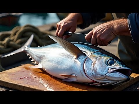 Process cutting & fillet yellowfin Tuna fresh use knife sharp,