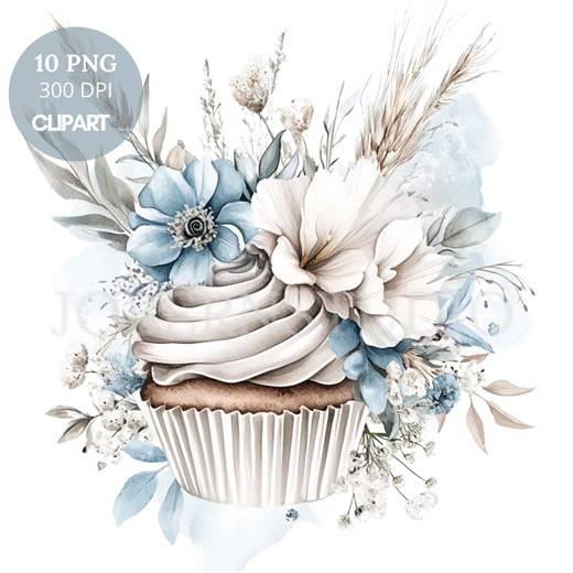 Watercolor Cupcake Clipart, Blue Floral Design, Printable Stickers Goodnotes (digital Download) 733 - Etsy