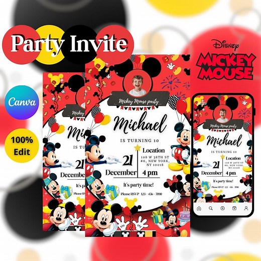 Editable Mickey Mouse Birthday Invitation, Mickey Mouse Kids Party Invitation Template, Printable Invitation, Instant Download From Canva - Etsy