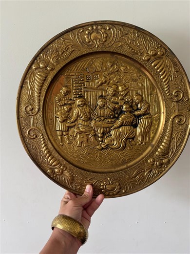Pair of Vintage Brass Wall Plates | Embossed European Tavern Scene | Ornate Brass Wall Decor | Wander Haus Vintage - Etsy
