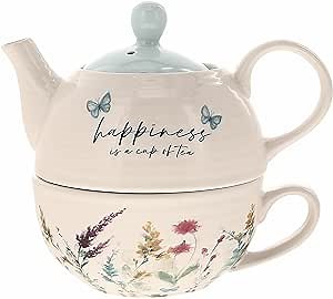 Pavilion Gift Company - Happiness 14.5 oz Ceramic Teapot and Tea Cup Set, Watercolor Floral Tea for One Set, Floral Teapot with Cup, Stacked Teapot Cup, Summer Kitchen Decor, 1 Count, Blue