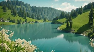 Beautiful spring landscape with turquoise lake in the mountains and flowering trees