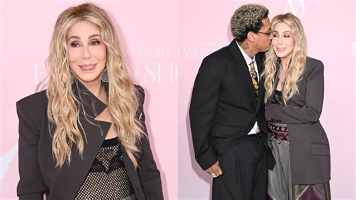 Cher Marries Edgy and Sparkling Embellishments in Off-White With Boyfriend Alexander Edwards for Victoria’s Secret Fashion Show 2024 Red Carpet