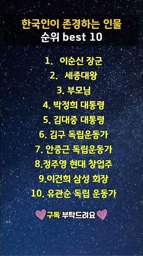 한국인이 존경하는 인물 순위 BEST 10